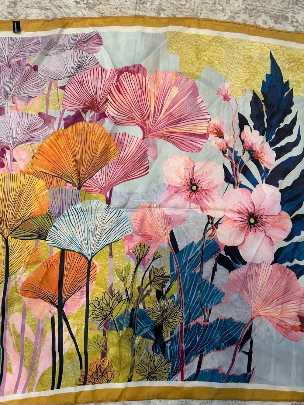 Floral Silk-Feel Scarf in Pink, Blue & Gold Trim